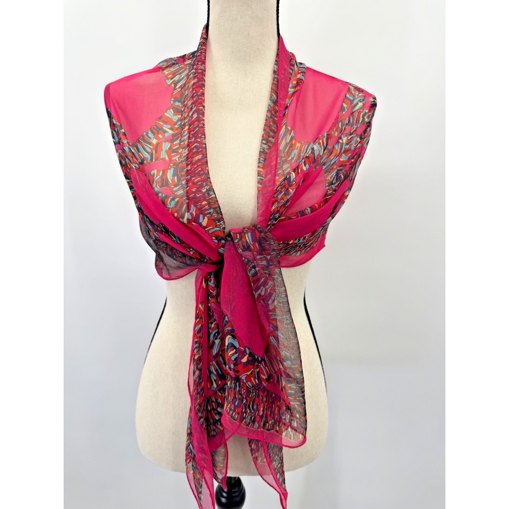 Womens Hot Pink Fuschia Scarf Wrap Shawl Sheer Geometric Print Lightweight 20x60